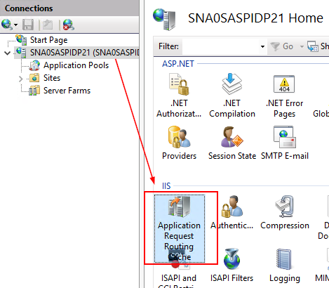 IIS Manager with the server name selected and Application Request Routing Cache highlighted