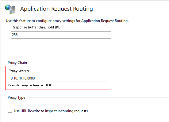 Application Request Routing proxy settings page with the Proxy Chain server field highlighted