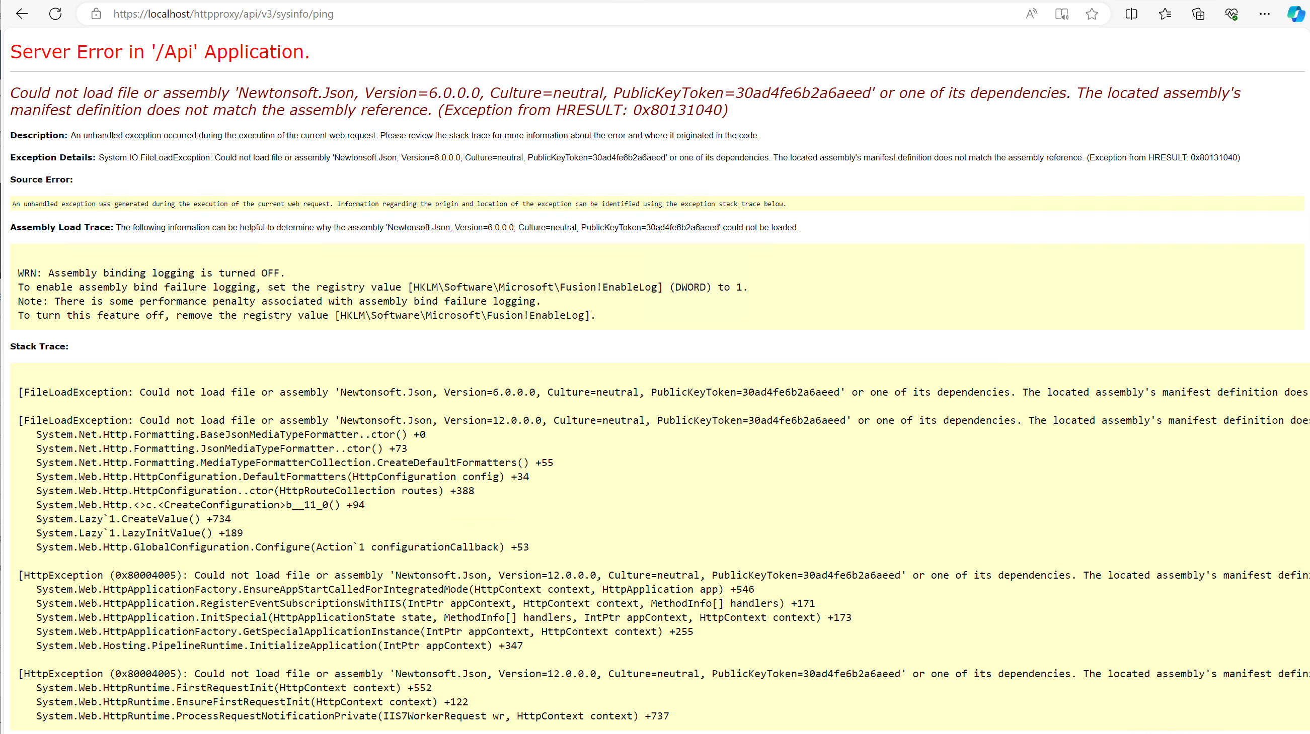 Server Error in '/Api' Application page showing a System.IO.FileLoadException for Newtonsoft.Json, Version=6.0.0.0, with the assembly load trace confirming the located assembly is actually Version=12.0.0.0 instead.