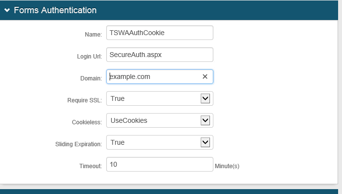 Forms Authentication settings panel with the Domain field set, alongside Name, Login Url, Require SSL, Cookieless, Sliding Expiration, and Timeout fields.