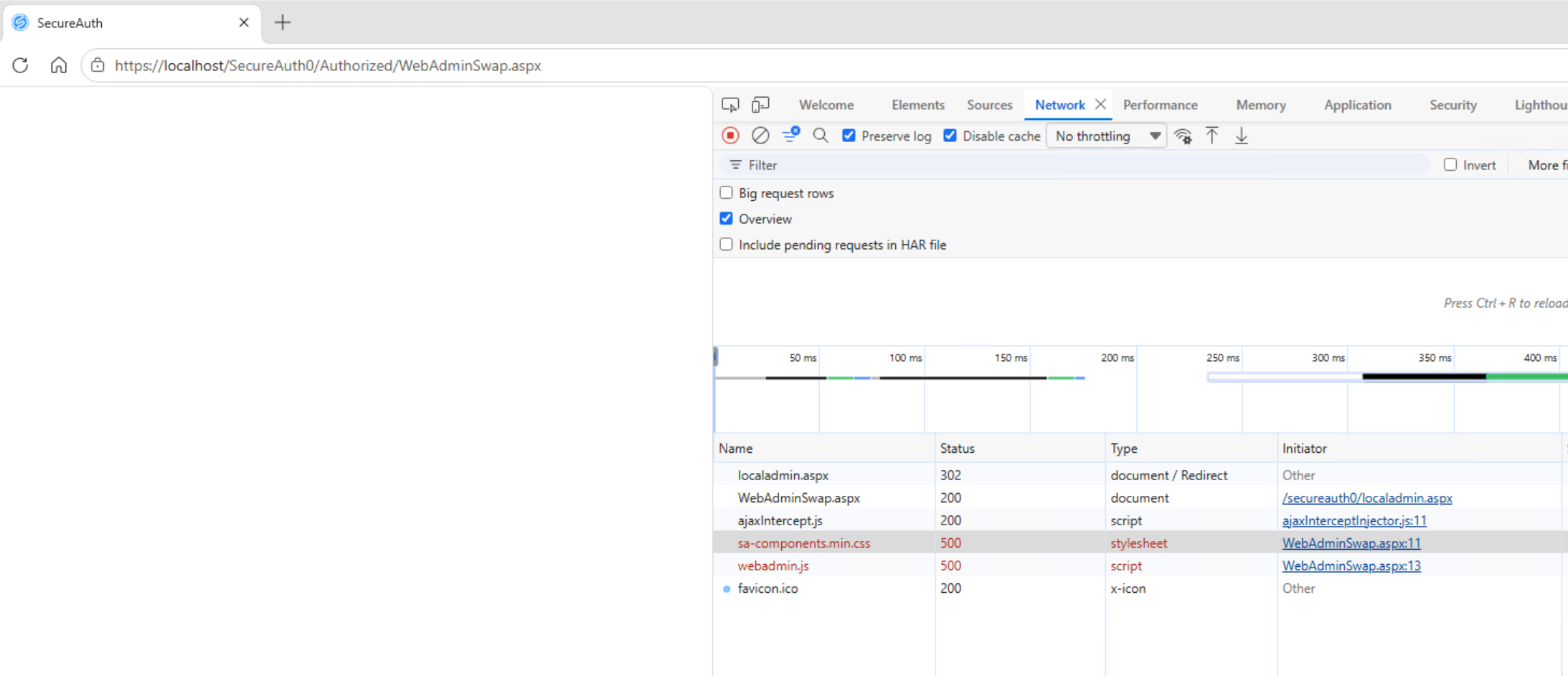 Browser DevTools Network tab showing sa-components.min.css and webadmin.js requests both returning a 500 status while other requests on the page succeed