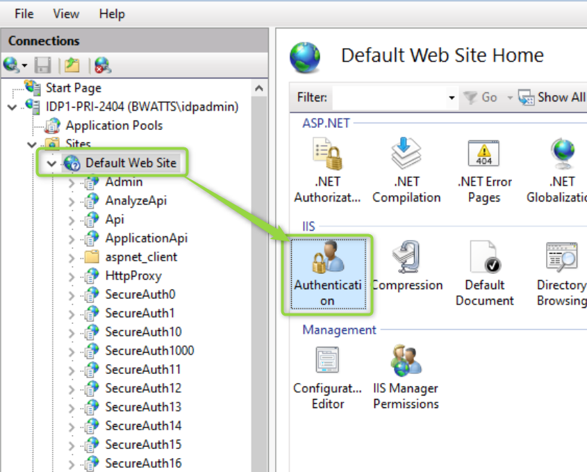 IIS Manager Default Web Site Home page with the Authentication icon highlighted
