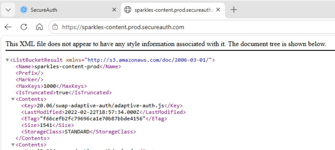 Browser showing an XML S3 bucket listing response from sparkles-content.prod.secureauth.com, confirming the URL is reachable