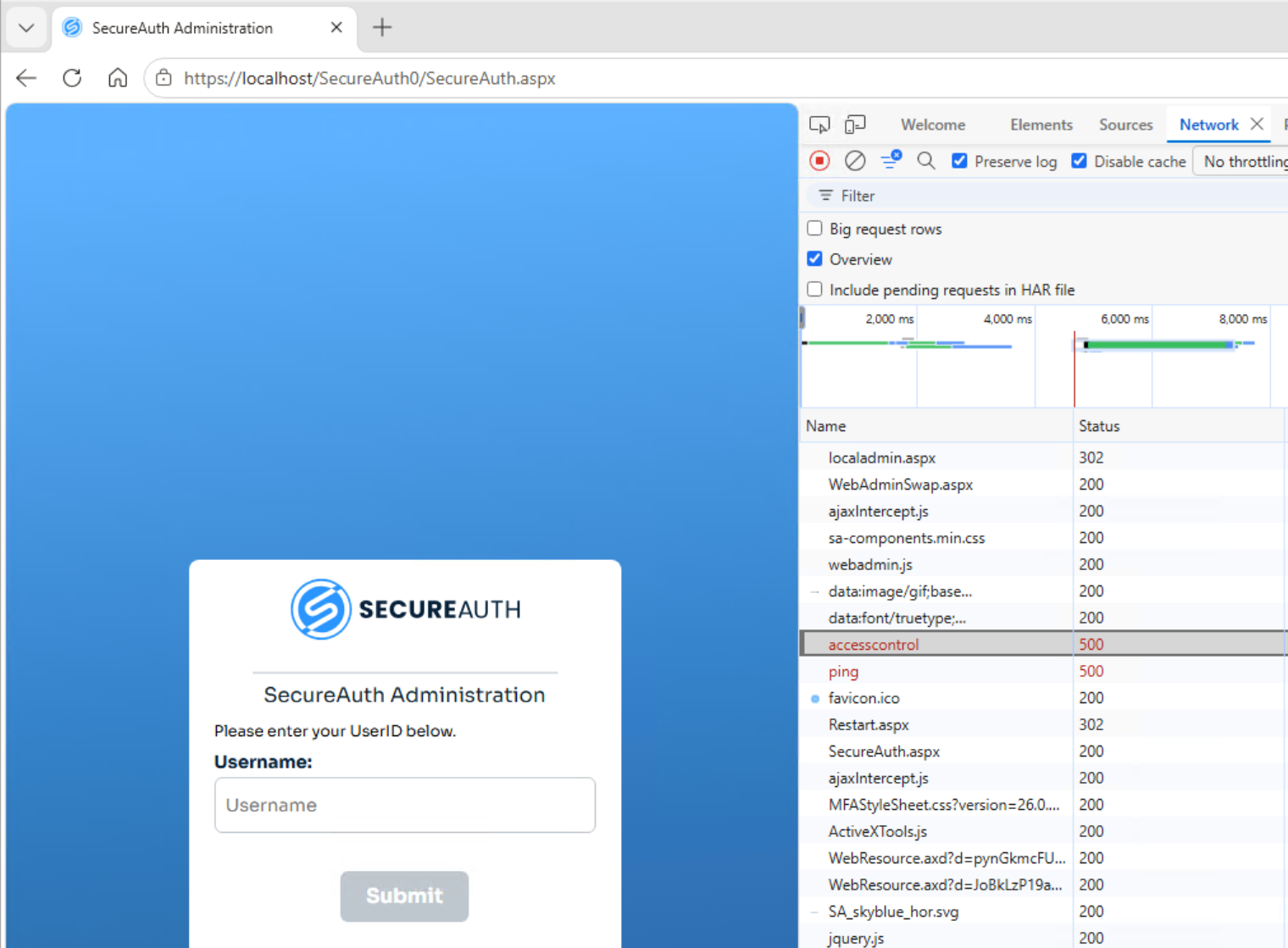 Browser DevTools Network tab on the SecureAuth Administration login page showing the accesscontrol and ping requests both returning a 500 status