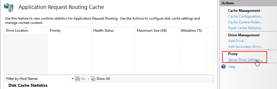 Application Request Routing Cache page with Server Proxy Settings highlighted in the Actions pane