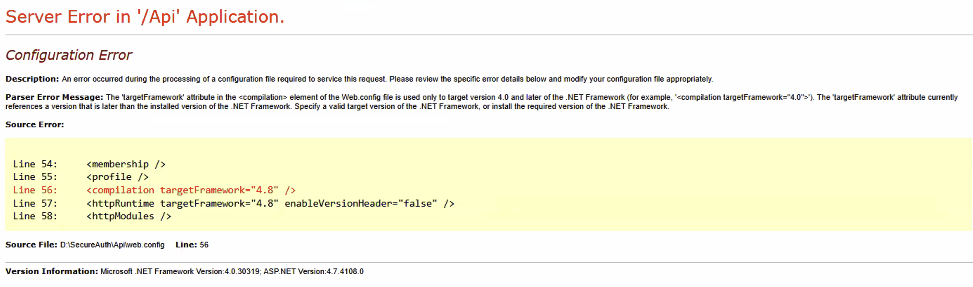 Server Error in '/Api' Application page showing a Configuration Error: the targetFramework attribute in D:\SecureAuth\Api\web.config references .NET Framework 4.8, but the installed Version Information shows Microsoft .NET Framework Version 4.0.30319.