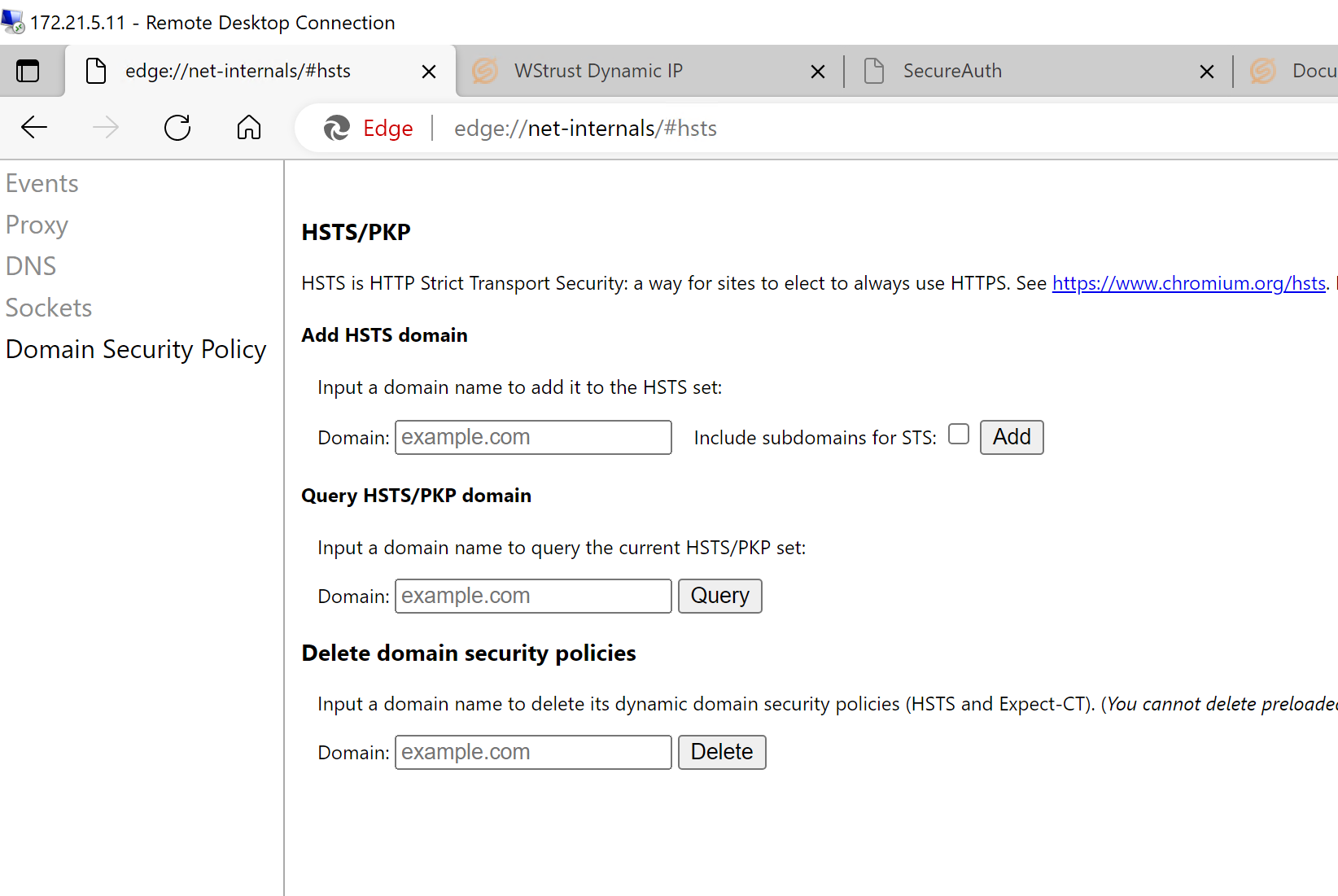 The browser's net-internals HSTS page, showing the Domain Security Policy sections including Delete domain security policies.