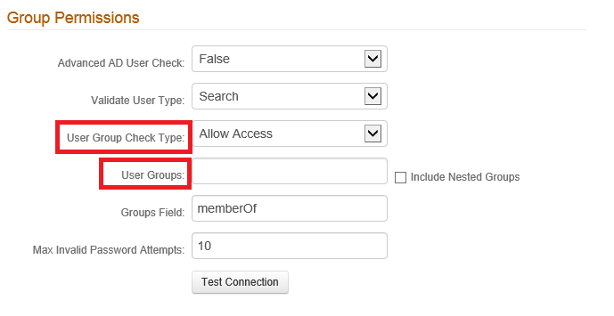 Group Permissions section on the Data tab, with User Group Check Type set to Allow Access and the User Groups field highlighted.