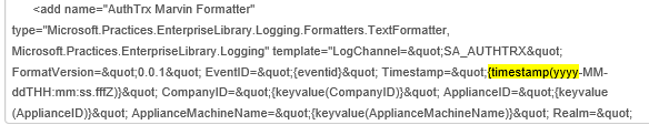 AuthTrx Marvin Formatter entry in web.config, with the Timestamp field's default value {timestamp(yyyy-MM-ddTHH:mm:ss.fffZ)} highlighted.
