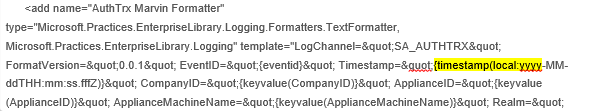 The same AuthTrx Marvin Formatter entry after the change, with the Timestamp field now reading {timestamp(local:yyyy-MM-ddTHH:mm:ss.fffZ)}, highlighted.