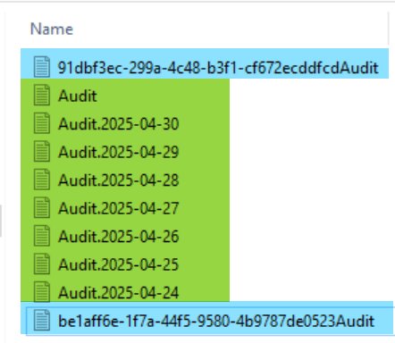 Example log folder listing showing normally-named Audit, Debug, and Error log files in green, which are included in rotation, alongside a GUID-named log file in blue, which is not.