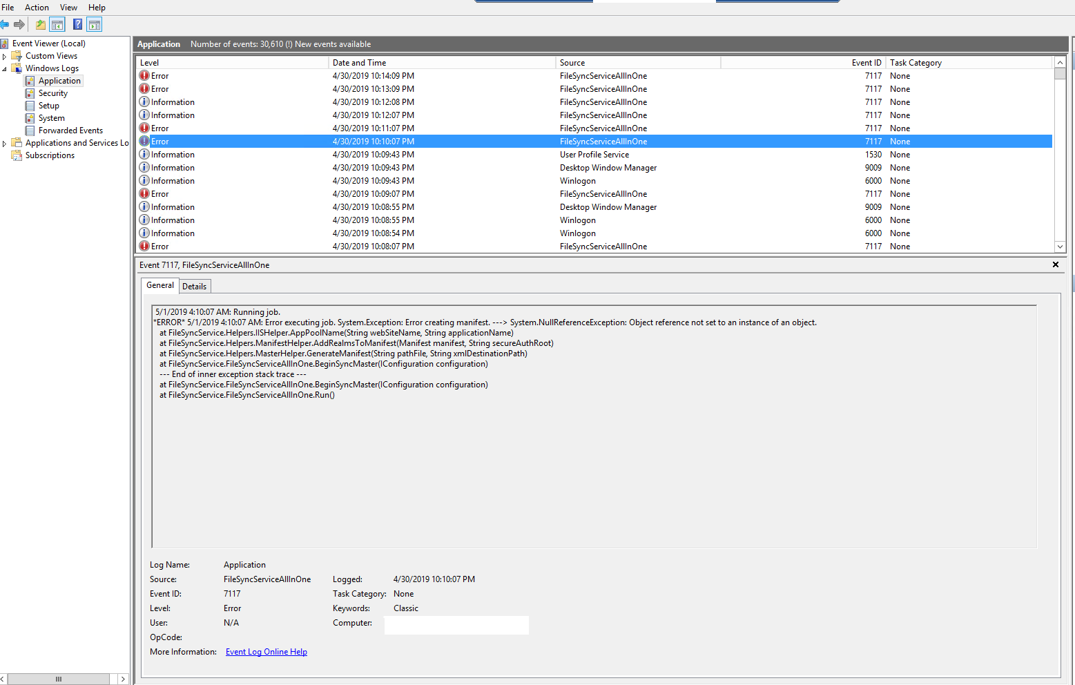 Event Viewer showing Event ID 7117 with the message Error creating manifest, System.NullReferenceException: Object reference not set to an instance of an object, and the FileSync stack trace.