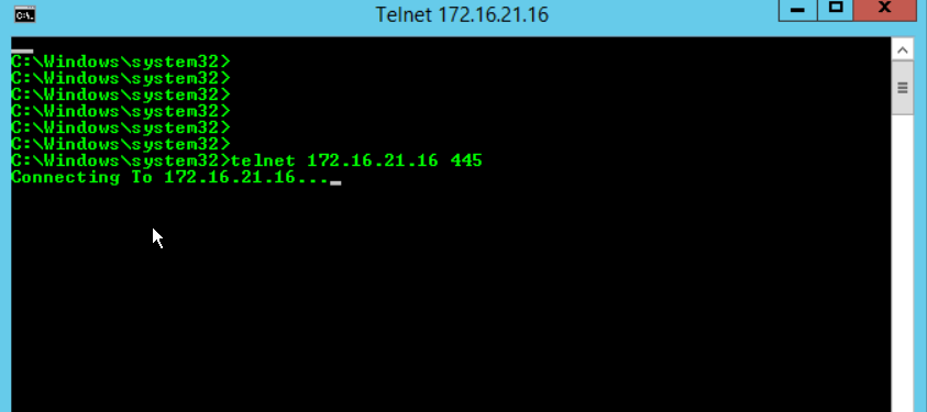 A telnet session to port 445 hanging at Connecting To, indicating the port is blocked.