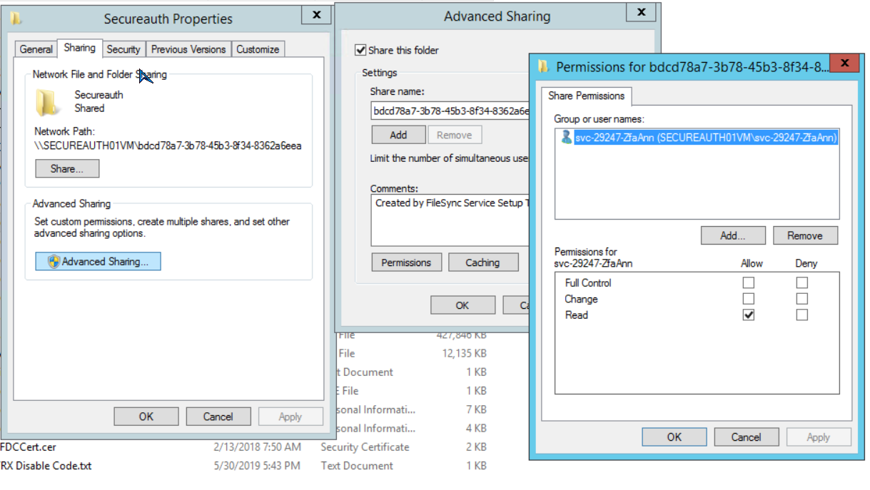 The SecureAuth share's Sharing and Advanced Sharing properties, with the Permissions dialog showing the FileSync service account granted Read access.