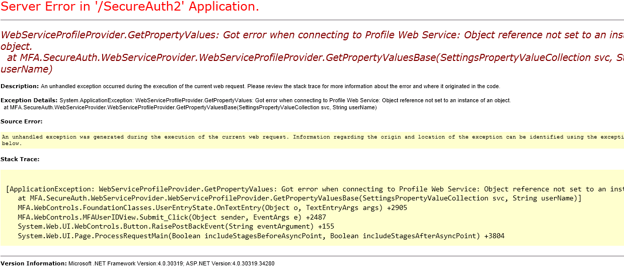 An ASP.NET server error page for the WebServiceProfileProvider.GetPropertyValues exception, showing the object reference error and its stack trace.