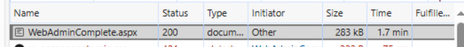 Browser network tab showing a request to WebAdminComplete.aspx with a 200 status and a Time of 1.7 minutes.