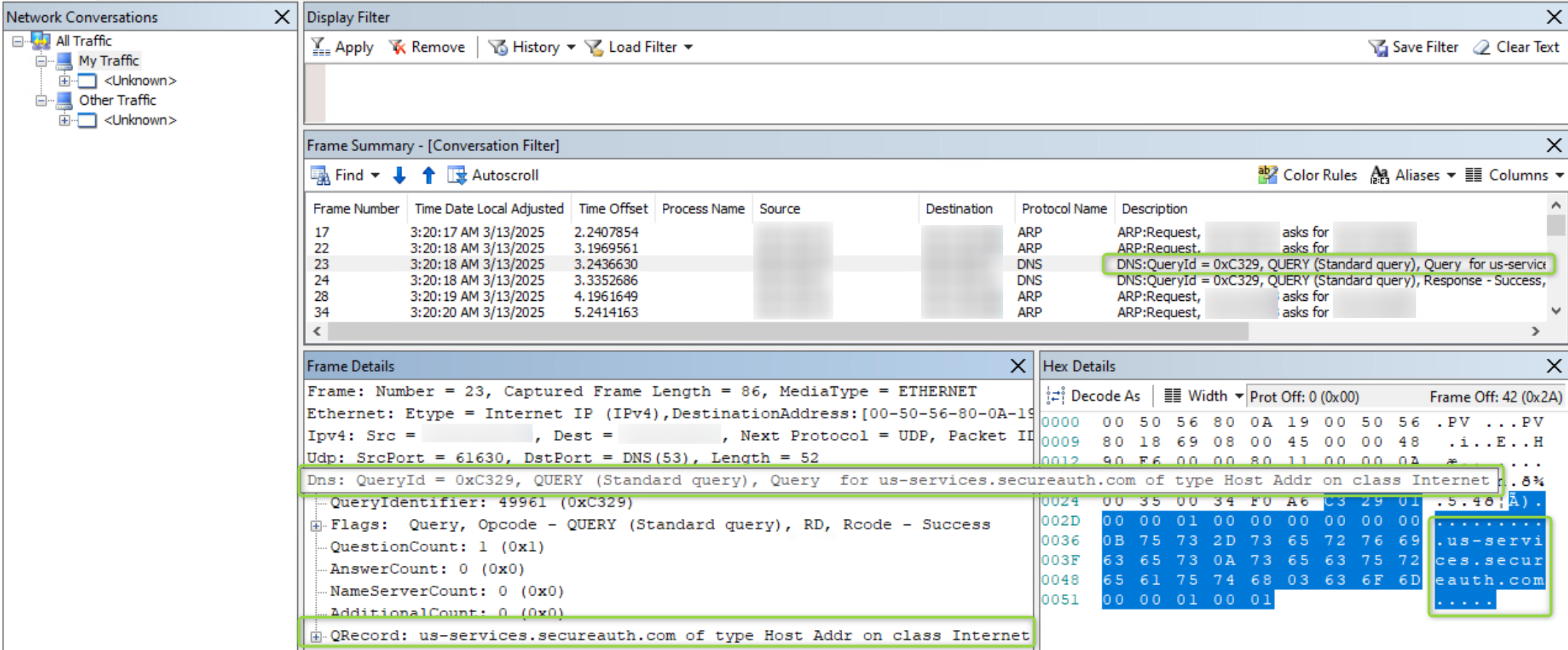 NetMon trace showing a DNS standard query for us-services.secureauth.com of type Host Addr on class Internet.