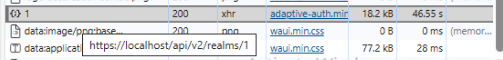 Browser network tab showing an XHR request to adaptive-auth.min taking 46.55 seconds, alongside a call to the internal realms API.