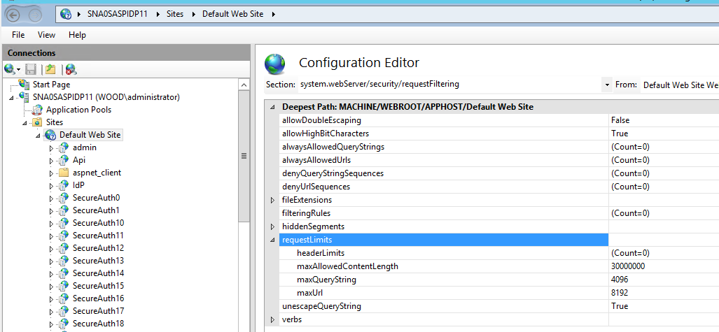 IIS Configuration Editor showing the system.webServer/security/requestFiltering section, with requestLimits expanded to show maxQueryString set to 4096 and maxUrl set to 8192.
