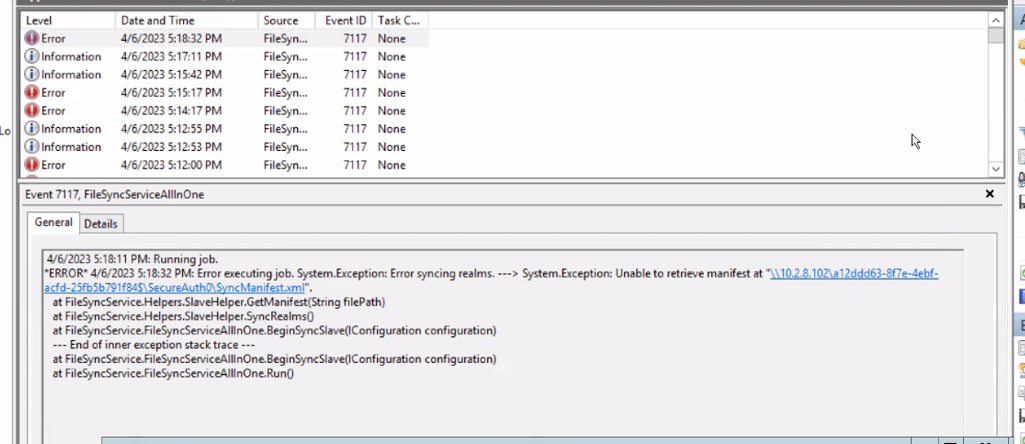 Event Viewer on a secondary server showing Event ID 7117 with the message Unable to retrieve manifest at the primary server's UNC path.