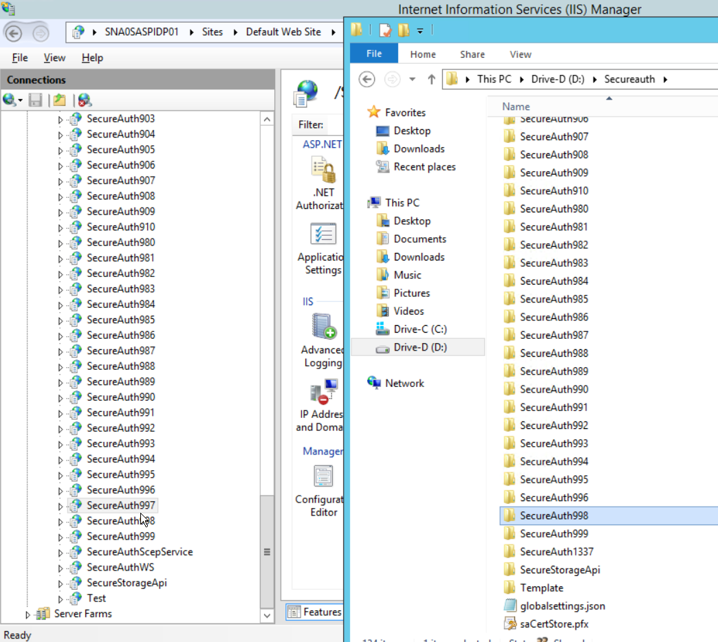 IIS Manager and the D:\SecureAuth folder listing side by side, showing a SecureAuth997 site defined in IIS with no corresponding SecureAuth997 folder on disk.
