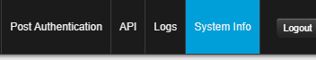 SecureAuth Admin Console realm tab bar with Post Authentication, API, Logs, System Info (highlighted), and Logout.