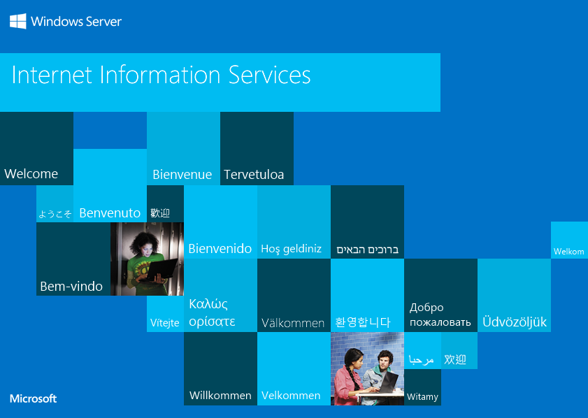 The generic Windows Server Internet Information Services welcome page shown by IIS 8.5 and later, displaying the word 'Welcome' translated into multiple languages on a blue background.