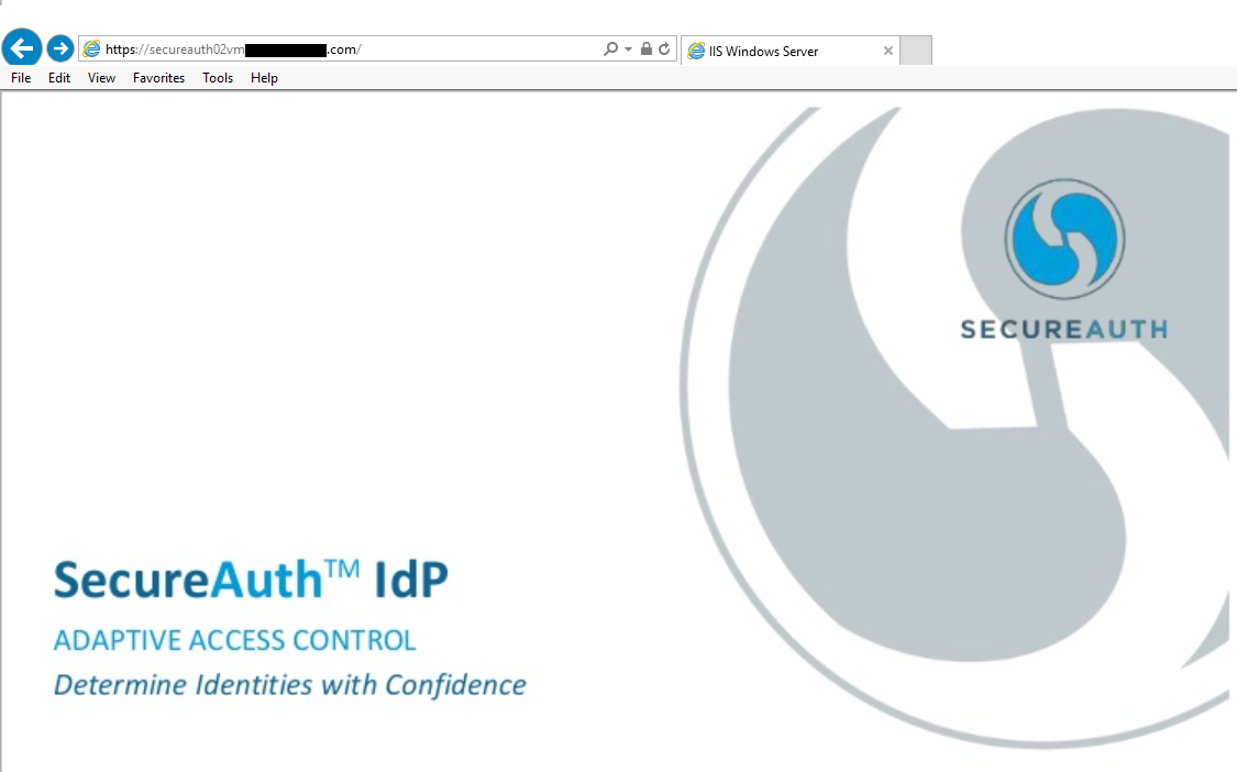 Example of a customized default IIS page showing SecureAuth IdP branding and the tagline 'Adaptive Access Control - Determine Identities with Confidence' in place of the generic Windows Server welcome page.