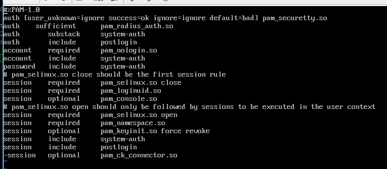 Contents of /etc/pam.d/login showing auth sufficient pam_radius_auth.so added above the auth substack system-auth line, followed by the account, password, and session rules including pam_selinux.so, pam_loginuid.so, and pam_console.so.