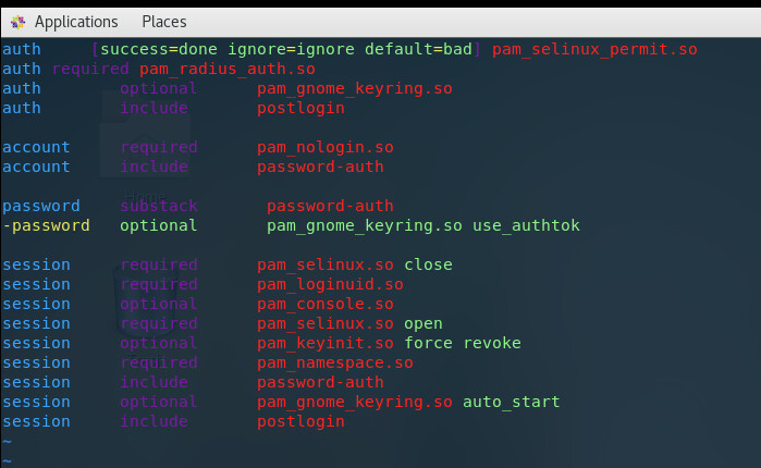 Contents of /etc/pam.d/gdm-password showing auth required pam_radius_auth.so added above the optional pam_gnome_keyring.so and postlogin auth lines, followed by the account, password substack password-auth, and session rules.