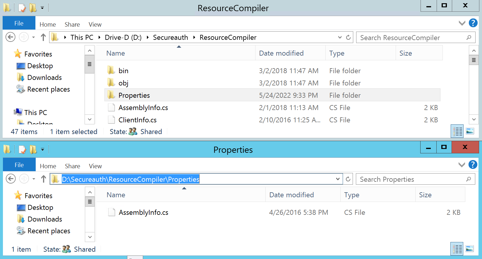 Windows Explorer showing a newly created Properties folder in D:\Secureauth\ResourceCompiler containing AssemblyInfo.cs.
