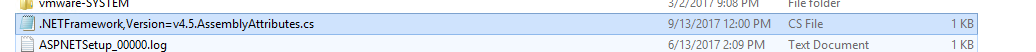 Windows Explorer showing the .NETFramework,Version=v4.5.AssemblyAttributes.cs file in C:\Windows\Temp.