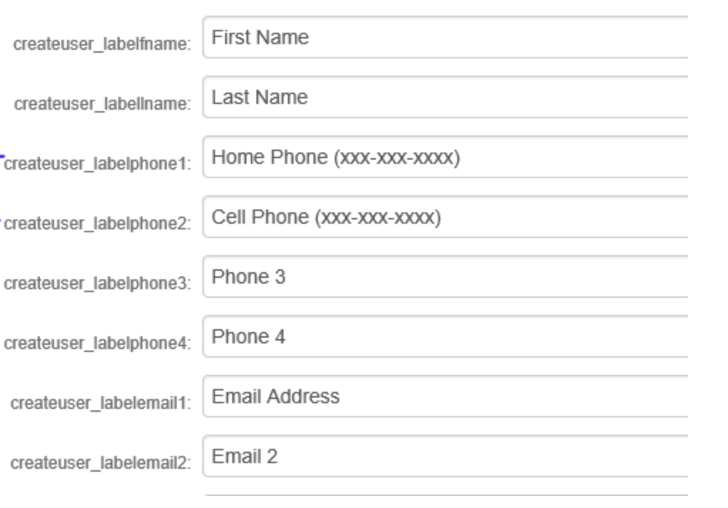 SecureAuth Content and Localization editor showing labeled verbiage fields for createuser_labelfname (First Name), createuser_labellname (Last Name), createuser_labelphone1 (Home Phone), createuser_labelphone2 (Cell Phone), createuser_labelphone3 (Phone 3), and createuser_labelphone4 (Phone 4).