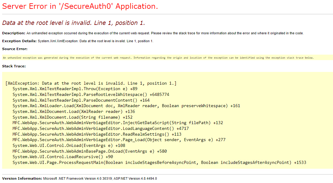 Server Error in the SecureAuth0 Application page showing a System.Xml.XmlException: Data at the root level is invalid, Line 1, position 1, with a stack trace through WebAdminVerbiageEditor.LoadLanguageContent and ReadRealmSettings.