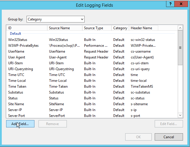 Edit Logging Fields dialog listing the built-in log fields, with the Add Field button highlighted at the bottom.
