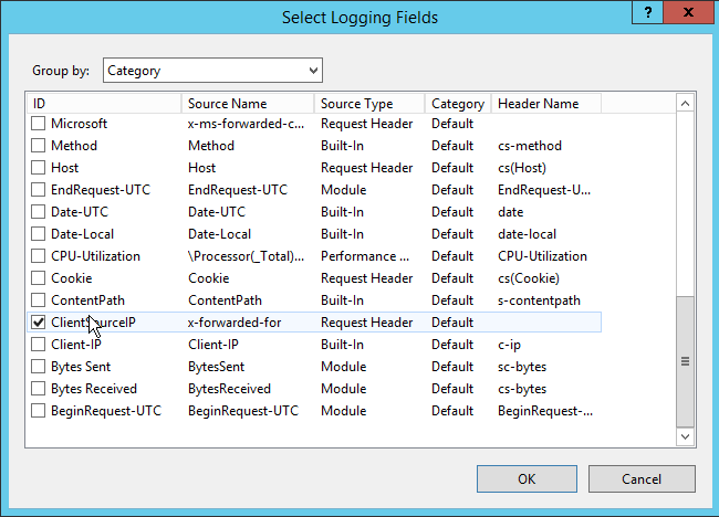 Select Logging Fields dialog listing available fields including Microsoft (source name x-ms-forwarded-client-ip) and ClientSourceIP (source name x-forwarded-for), with ClientSourceIP checked.