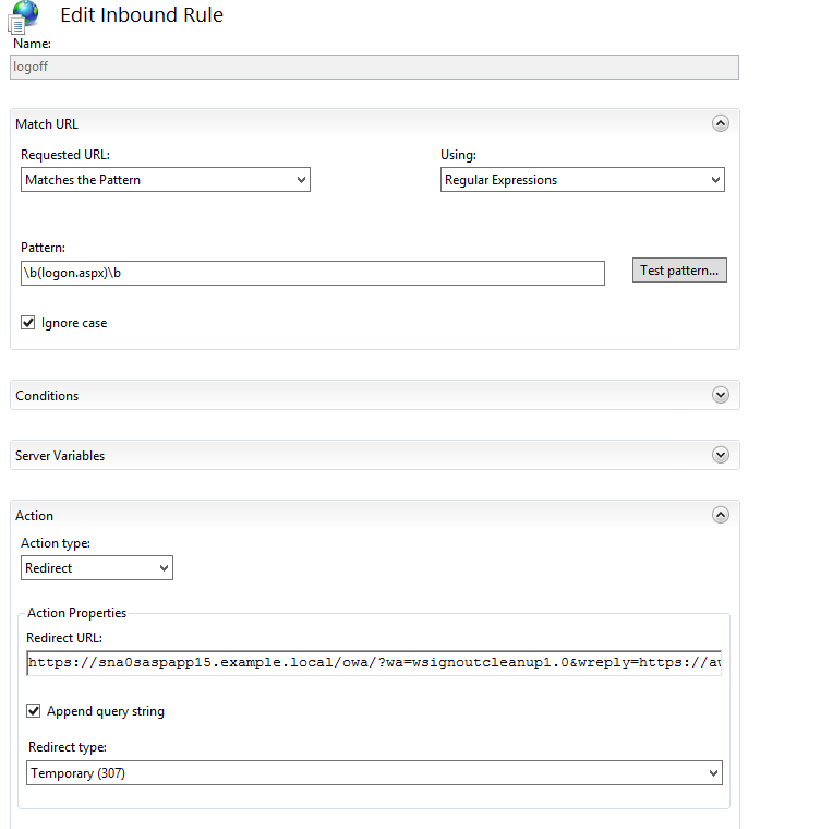 IIS Edit Inbound Rule dialog on Exchange 2013 showing the pattern \b(logon.aspx)\b under Match URL, and Action Type set to Redirect with a Redirect URL entered.