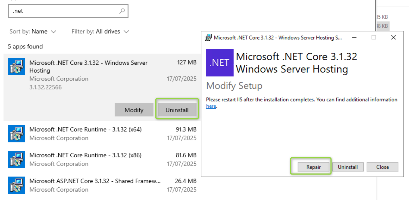Windows Apps and Features list showing Microsoft .NET Core 3.1.32 Windows Server Hosting selected, with the Uninstall button highlighted, and the resulting Modify Setup dialog with the Repair button highlighted.