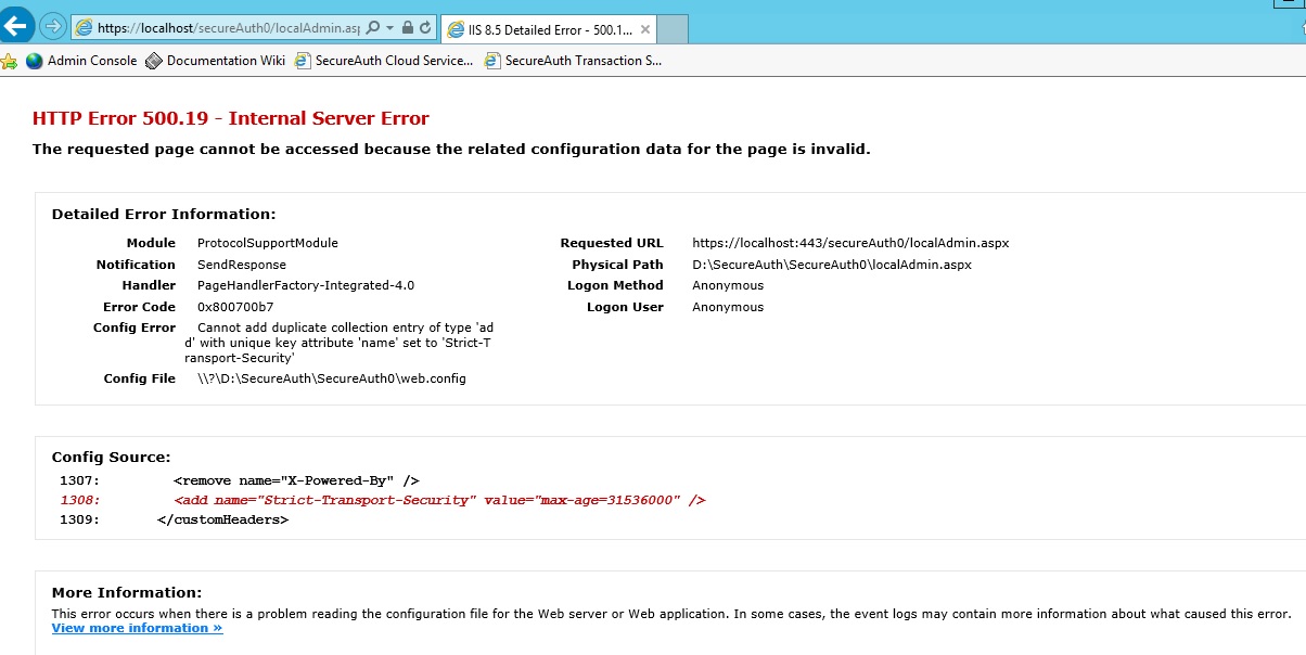 IIS HTTP Error 500.19 Internal Server Error page showing Error Code 0x800700b7, with a Config Error stating a duplicate collection entry of type add with unique key attribute name set to Strict-Transport-Security, and the Config Source section highlighting the duplicate line in web.config.