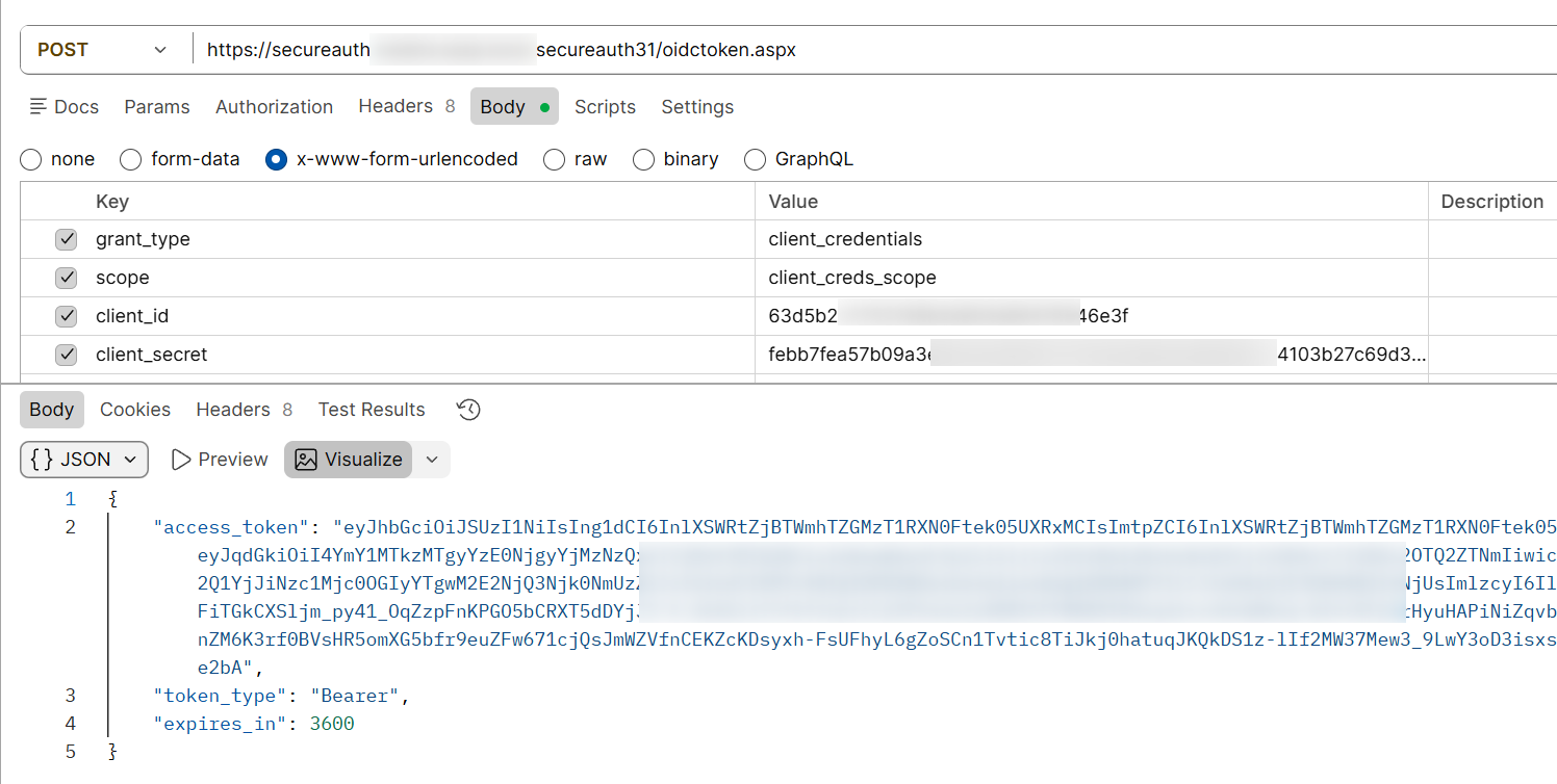 An example POST request to the token endpoint, showing grant_type set to client_credentials along with the client_id, client_secret, and scope parameters.