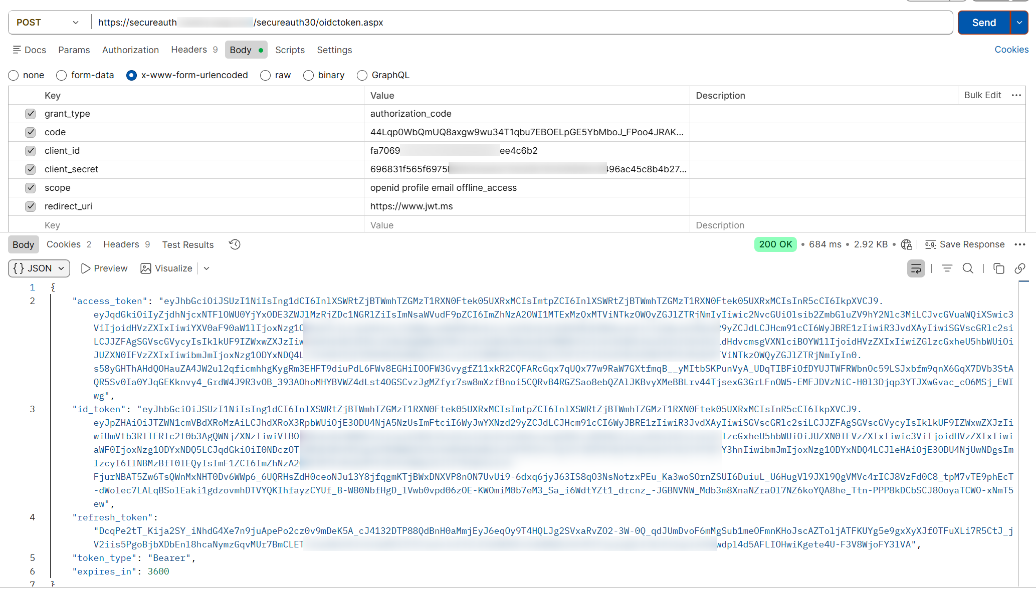 An example POST request to the token endpoint, exchanging an authorization code for tokens using grant_type=authorization_code.