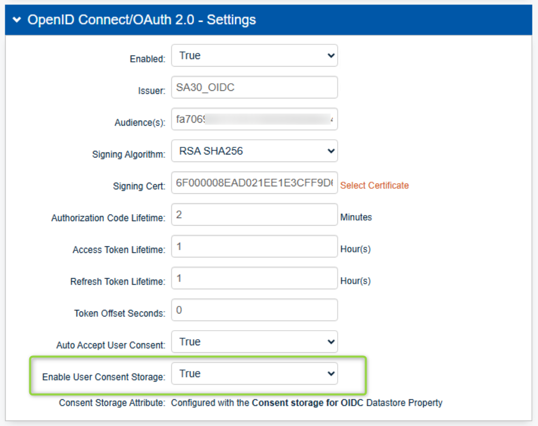 The realm's OpenID Connect/OAuth 2.0 Settings panel, with Enable User Consent Storage set to True and highlighted.