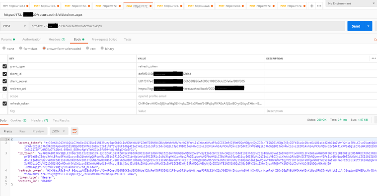 Postman POST request to oidctoken.aspx with grant_type set to refresh_token, along with client_id, client_secret, redirect_uri, and refresh_token, returning a 200 OK response containing a new access_token, id_token, and refresh_token.
