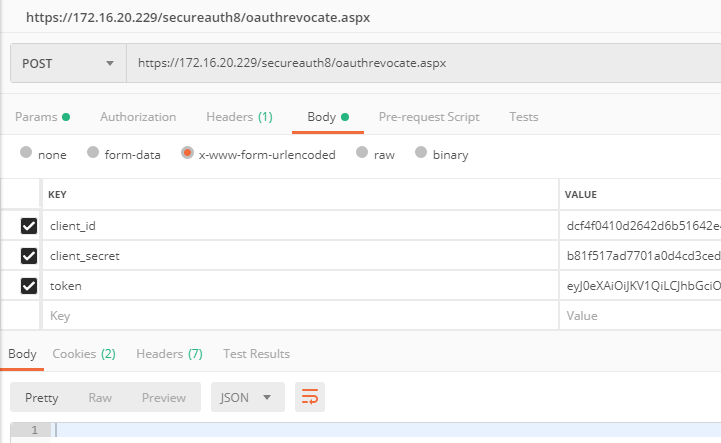 Postman POST request to oauthrevocate.aspx with client_id, client_secret, and token as x-www-form-urlencoded body parameters.