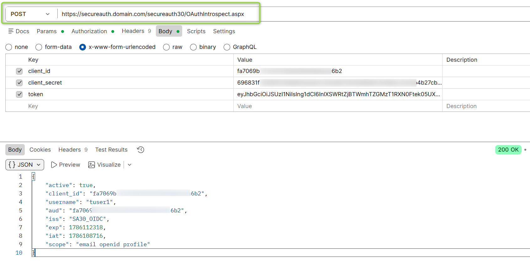 An example POST request to the Introspection endpoint, with the response body showing active: true along with the token's client_id, username, audience, issuer, expiration, and scope.