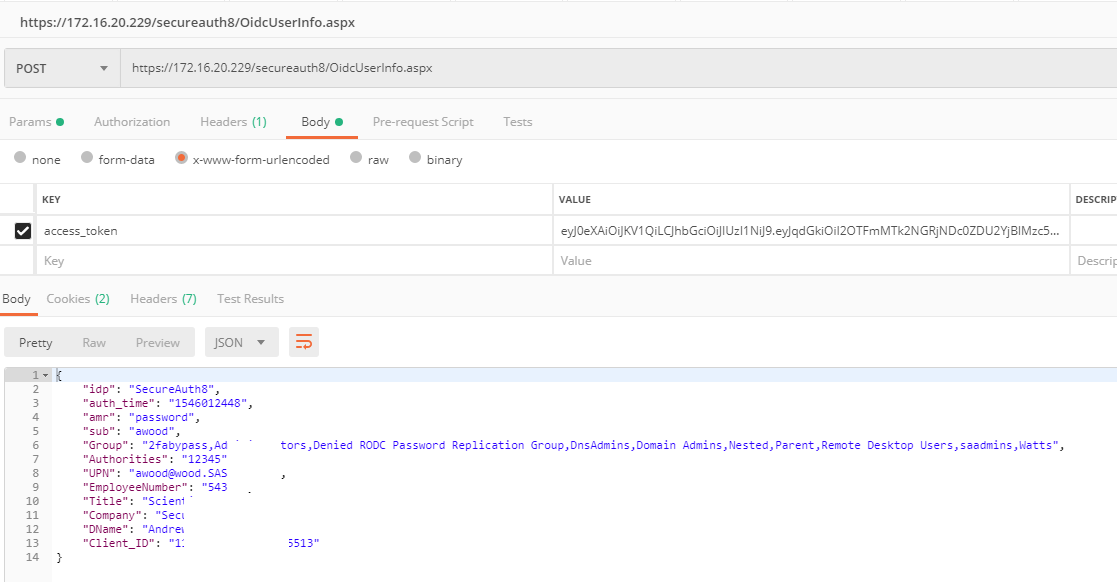 Postman POST request to OidcUserInfo.aspx with an access_token body parameter, returning a JSON response including idp, auth_time, sub, Group, UPN, EmployeeNumber, Title, Company, DName, and Client_ID claims.