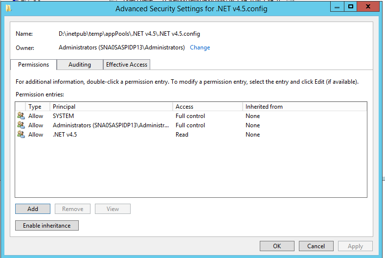 Advanced Security Settings dialog for an application pool's .config file, showing SYSTEM and Administrators granted Full control and the application pool's identity (shown here as .NET v4.5) granted Read access.