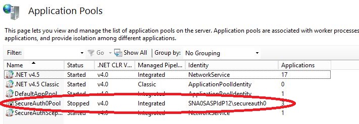 The Application Pools list showing SecureAuth0Pool with a Stopped status and its Identity set to a domain account instead of ApplicationPoolIdentity.
