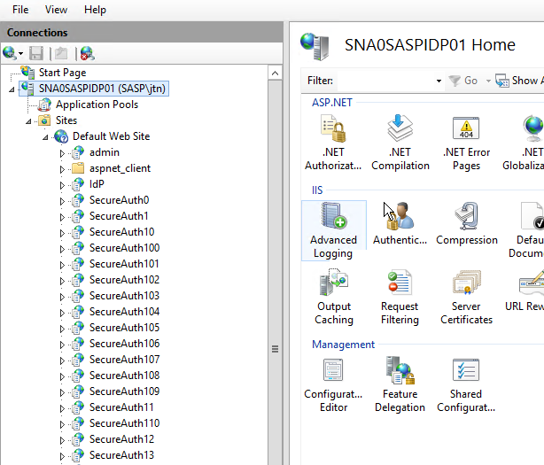 IIS Manager showing the server's Default Web Site expanded in the Connections tree, with the IIS feature icons on the right including the new Advanced Logging icon.