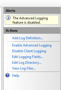 IIS Advanced Logging Actions pane showing an alert that the Advanced Logging feature is disabled, with an Enable Advanced Logging action link.